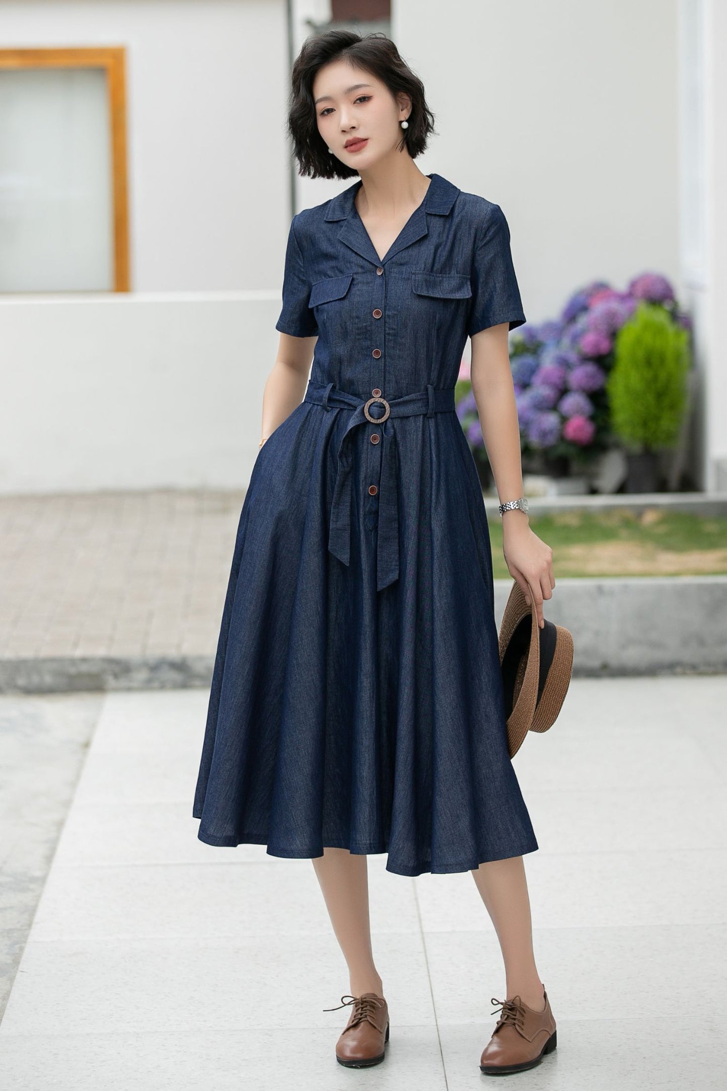 Women’s Tencel Blend Shirt Dress – Retro Button Up Midi Dress 5989