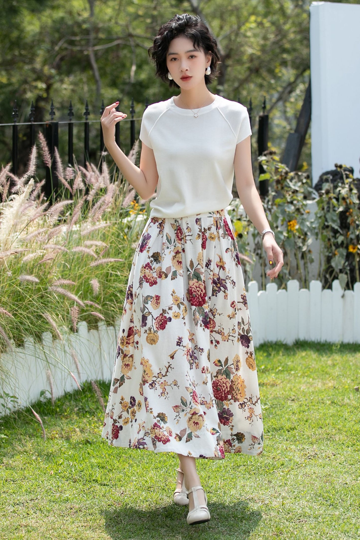 Vintage Floral Linen Cotton Swing Midi Skirt | Xiaolizi 6737
