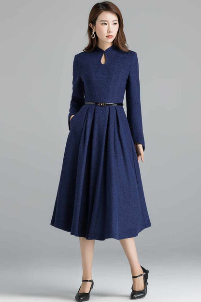 Blue Wool Midi Dress - Mandarin Collar, Pleated A-Line Silhouette 2401