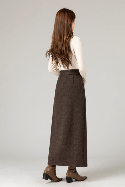 Handmade Wool Blend Skirt – Elegant Dark Brown Wrap Midi for Autumn Winter 5484