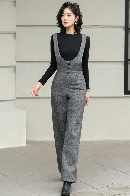 Gray Wool Suspender Pants - Tailored Wide Leg Elegance 6428
