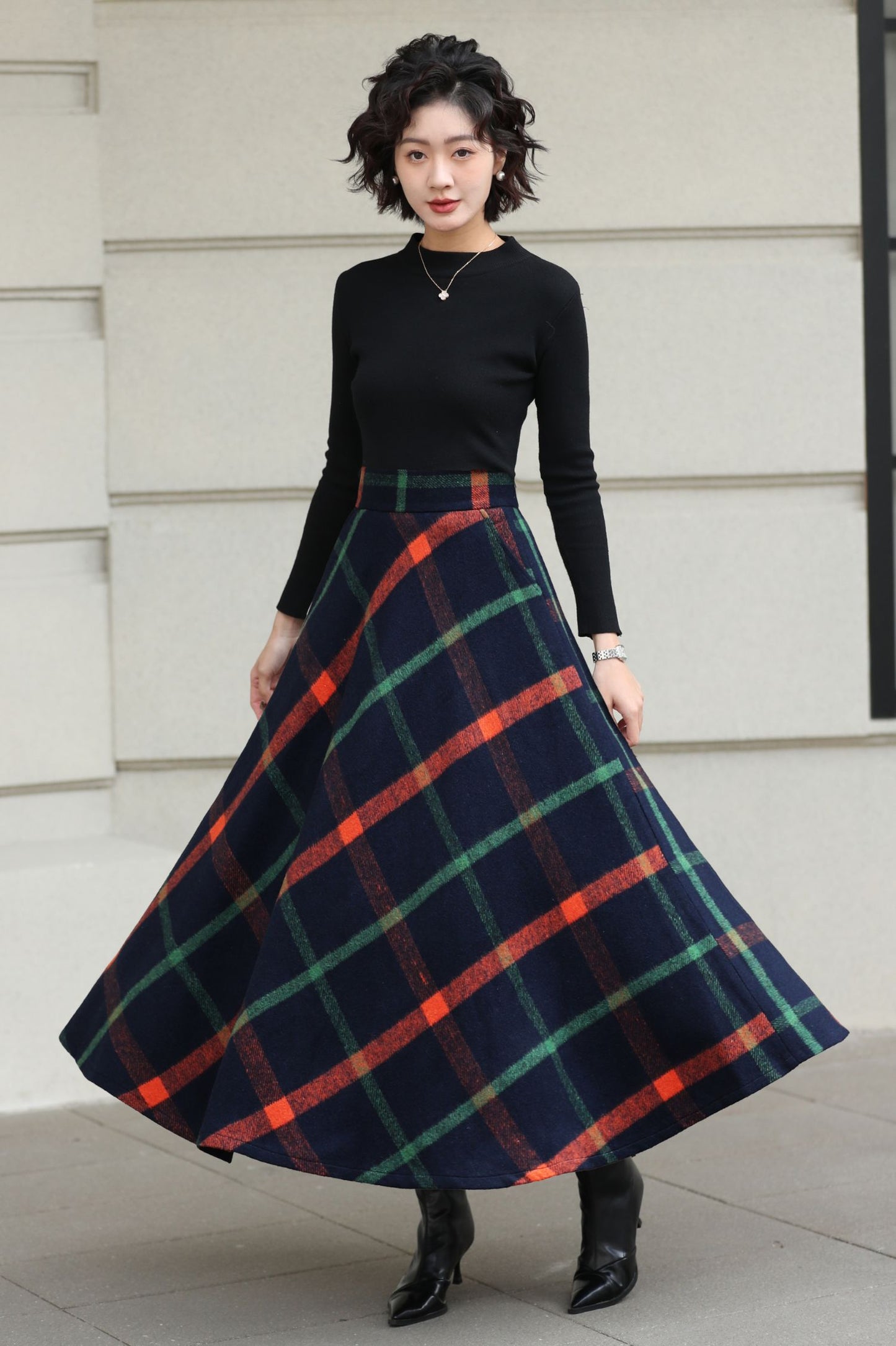 Xiaolizi Plaid Wool Maxi Skirt for Women – Handmade A-Line Winter Swing Skirt 6619