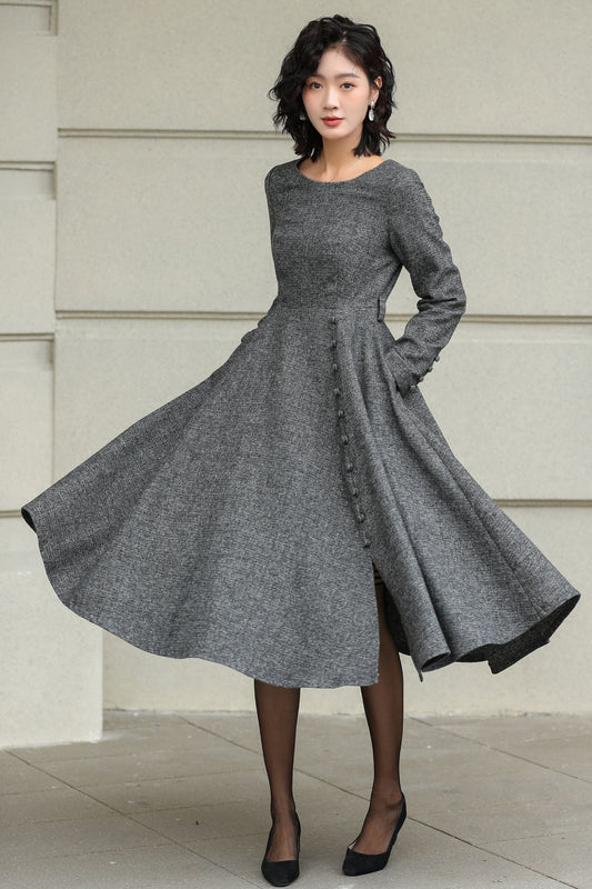 Classic Grey Wool Midi Dress with Button Detail 6423