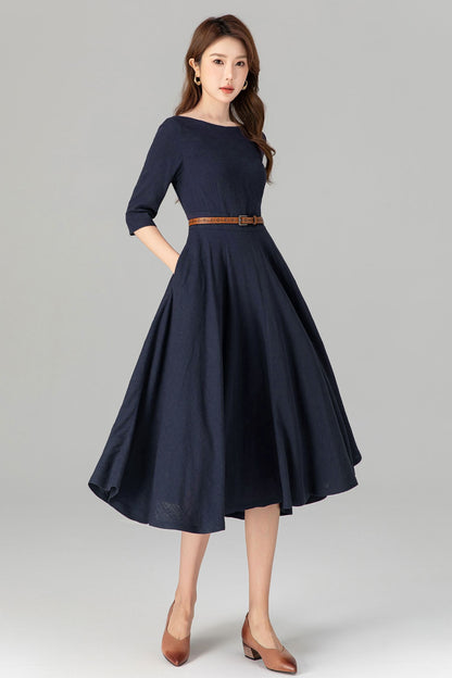 Navy Linen Midi Dress with Boat Neck – Vintage Fit & Flare French Style Dress
