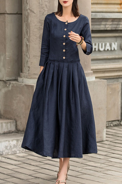 Navy Linen Maxi Dress - Drop Waist 3/4 Sleeves Pockets | Xiaolizi 2742