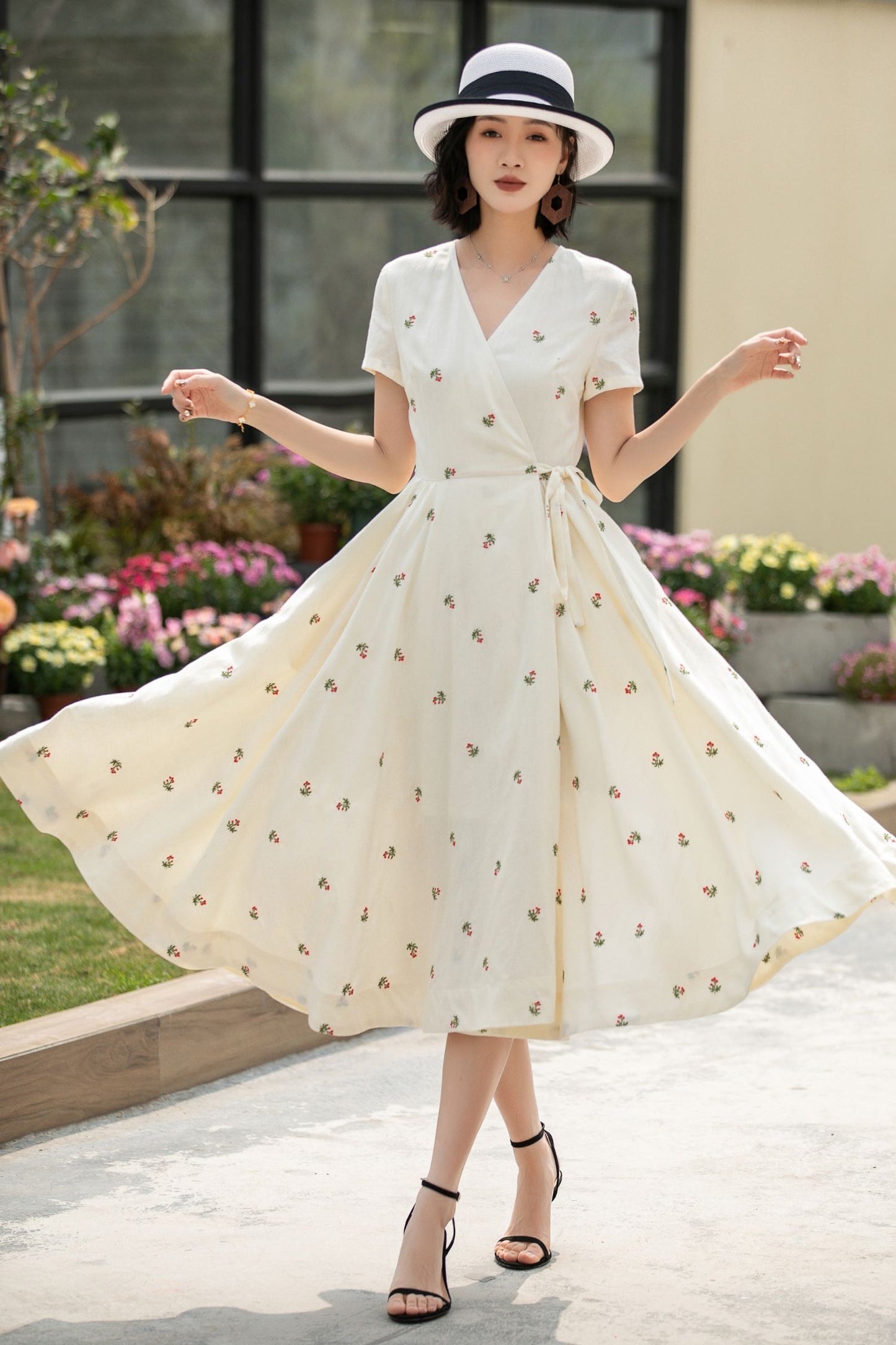 Handmade Cream White Embroidered Linen Cotton Wrap Dress – Vintage Summer Midi 5835