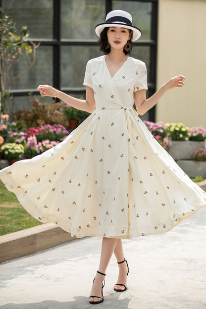 Handmade Cream White Embroidered Linen Cotton Wrap Dress – Vintage Summer Midi 5835