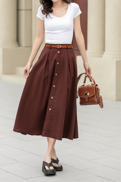 A line brown button front midi linen skirt 4949