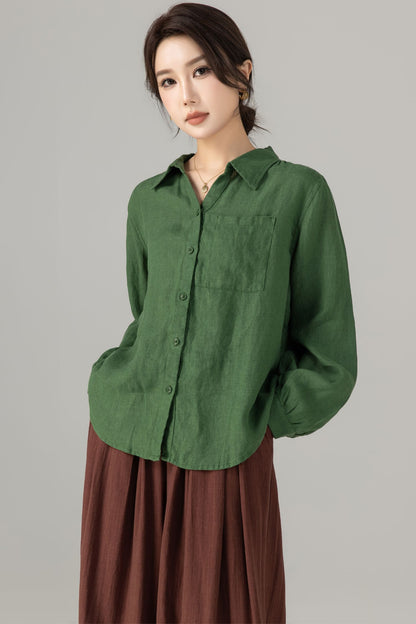 Green Linen Blouse - Loose Fit Vintage Collar Long Sleeve | Xiaolizi 5698