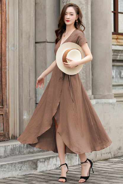 Brown Linen Wrap Dress – Handmade Summer Vintage Elegance 5761