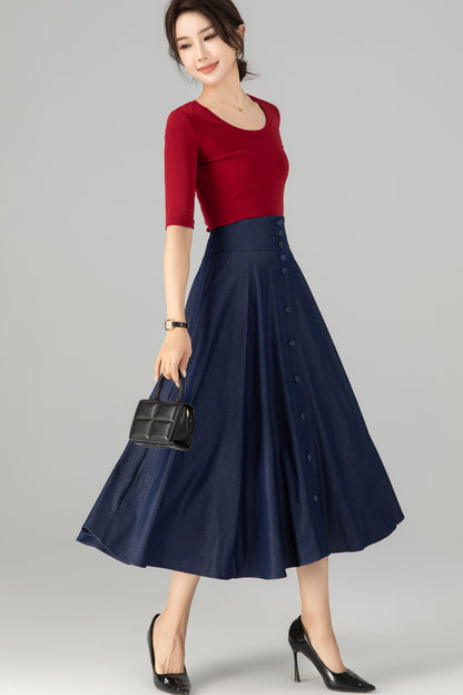 Navy Cotton Denim Midi Skirt - High Waist A-Line Button Front 5713