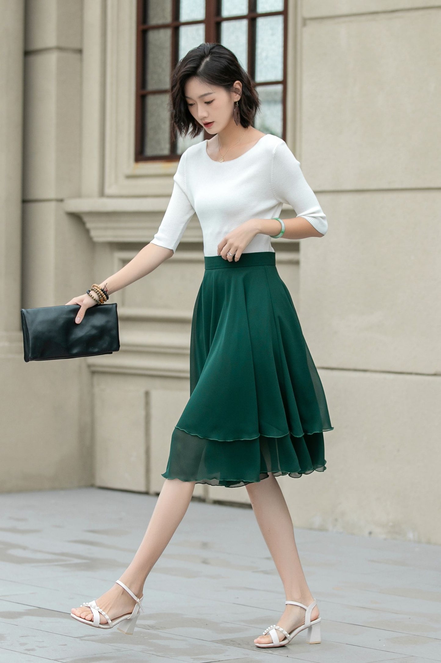 Green chiffon short summer skirt 5239