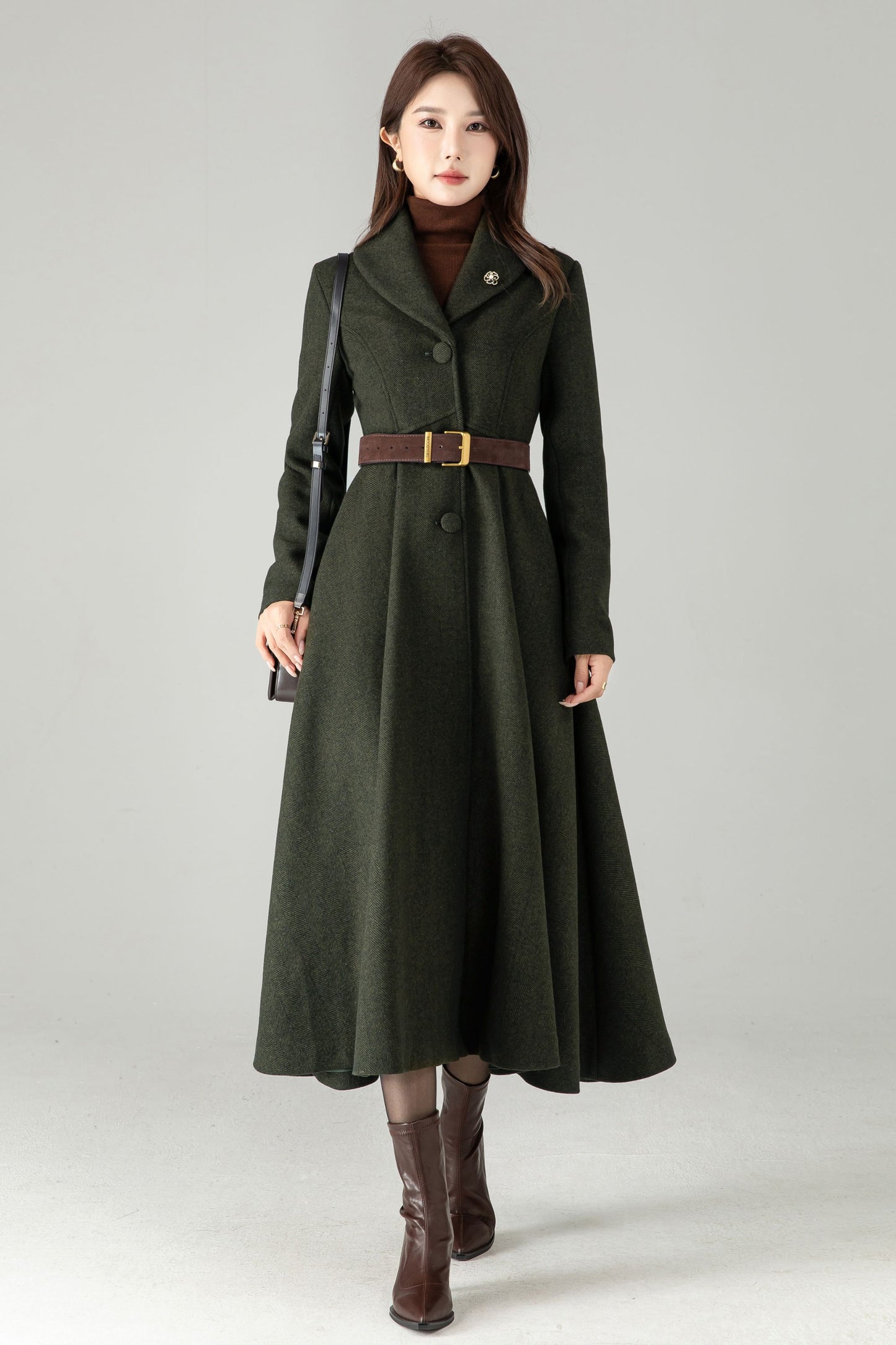 Army Green Herringbone Wool Coat – Elegant A-Line Maxi Winter Coat | Xiaolizi 6574