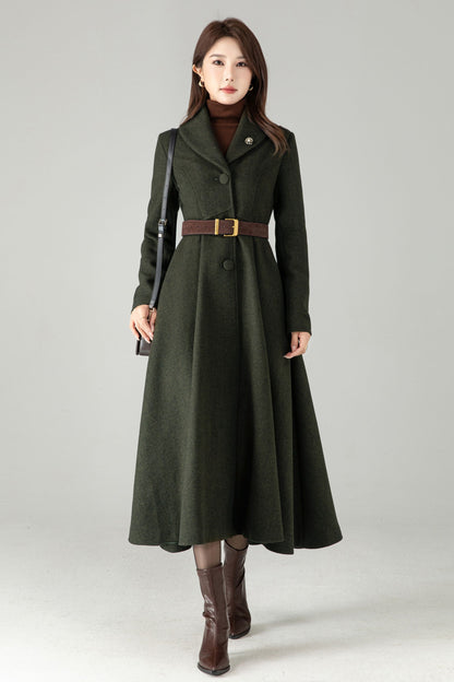 Army Green Herringbone Wool Coat – Elegant A-Line Maxi Winter Coat | Xiaolizi 6574
