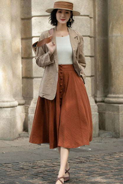 Handmade Linen Midi Skirt – Rust Brown Button Front Swing Skirt | Xiaolizi 5689