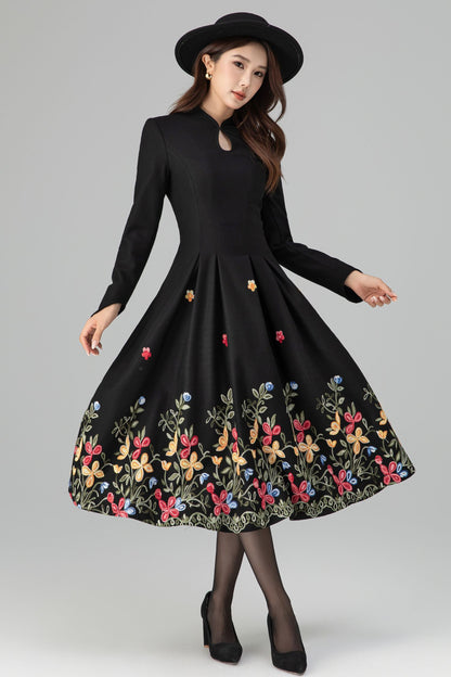 Black Wool Midi Dress - Floral Embroidery, Pleated A-Line Skirt 6397