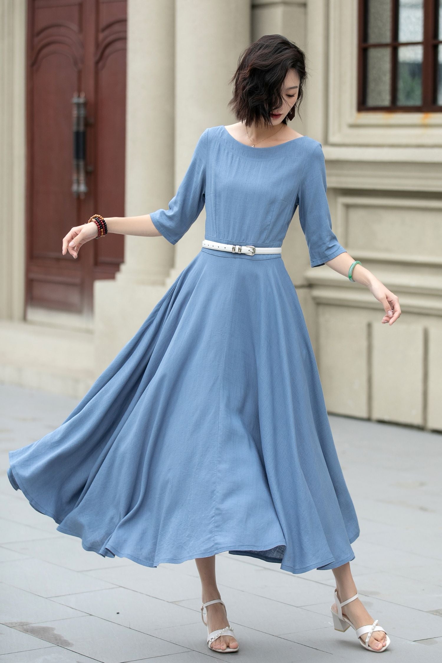 Light Blue Linen Midi Dress – Handmade Fit & Flare for Garden Parties & Weddings