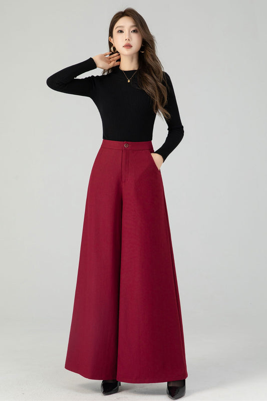 High waist burgundy wide leg long wool pants 4553