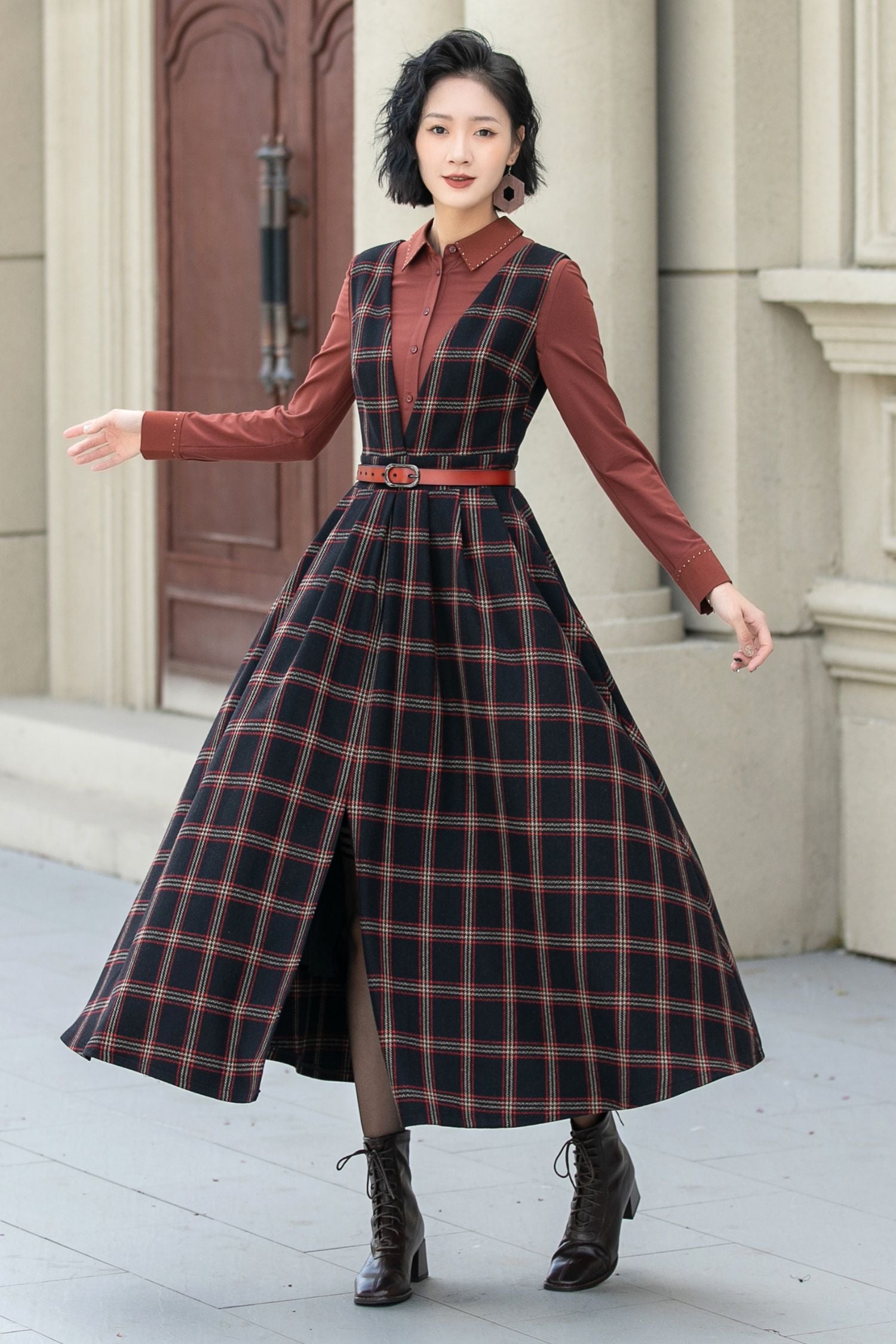 Fit and flare plaid pinafore wool dress women 5354 - plaid / S Fit and flare plaid pinafore wool dress women 5354 - plaid / S