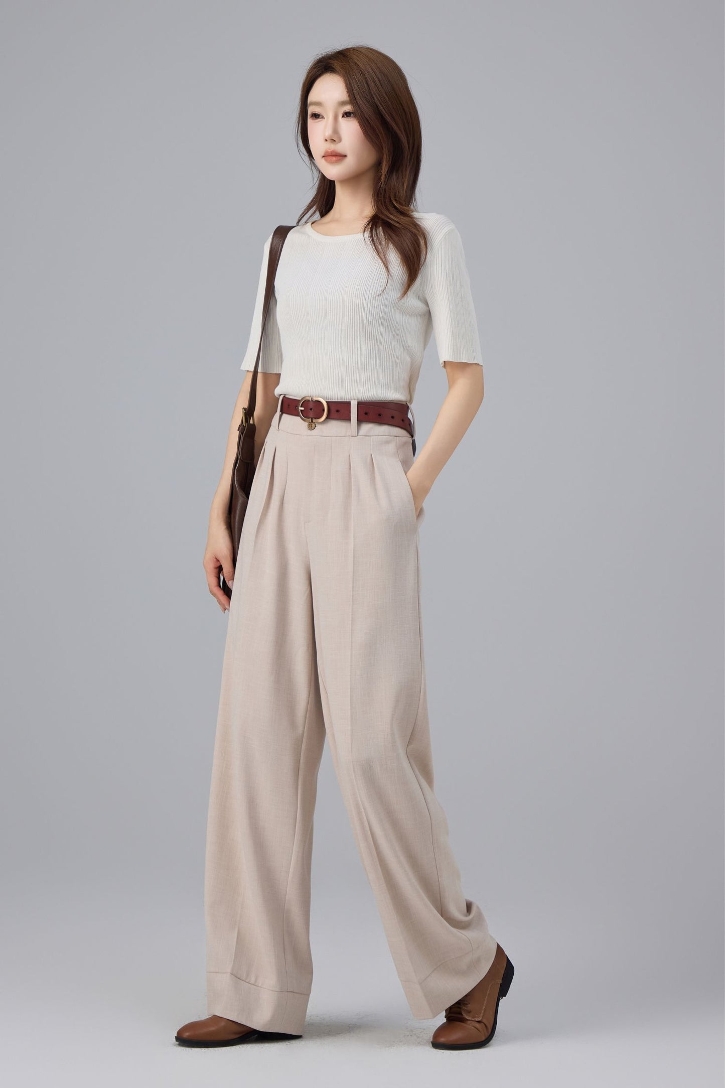 Beige Polyester Wide Leg Pants - High Waist Pleated | Xiaolizi 6761