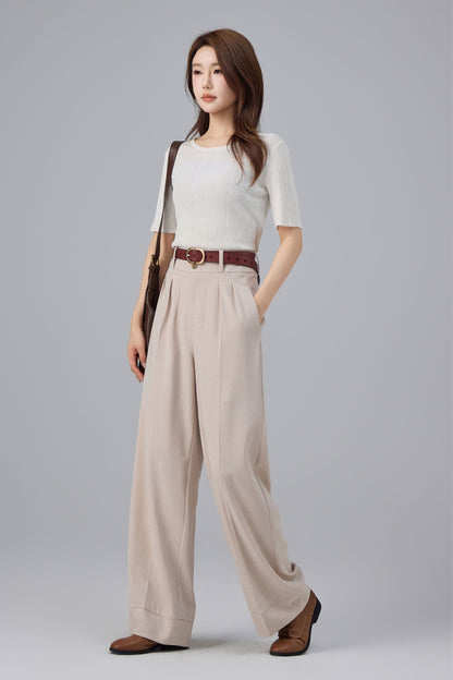 Beige Polyester Wide Leg Pants - High Waist Pleated | Xiaolizi 6761