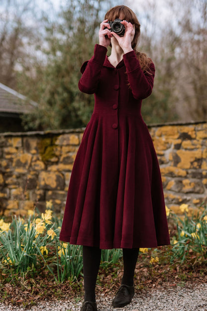 Burgundy Hooded Wool Coat – Romantic Fit & Flare Winter Midi | Xiaolizi 3424
