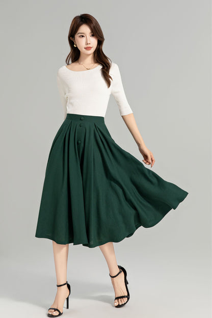 Dark Green Button-Down Linen Midi Skirt – A-Line, Pockets, Elastic Back | Xiaolizi 4963