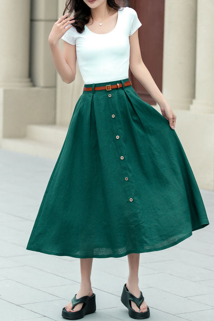 Green Linen A-Line Midi Skirt - Button Front Detail 4967