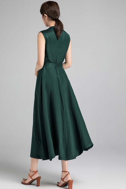 Green Linen Sleeveless Maxi Dress - A-Line with Self-Tie Belt 2333