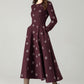 Burgundy Embroidered Wool Midi Dress – Fit & Flare Winter Swing Dress | Xiaolizi 6569