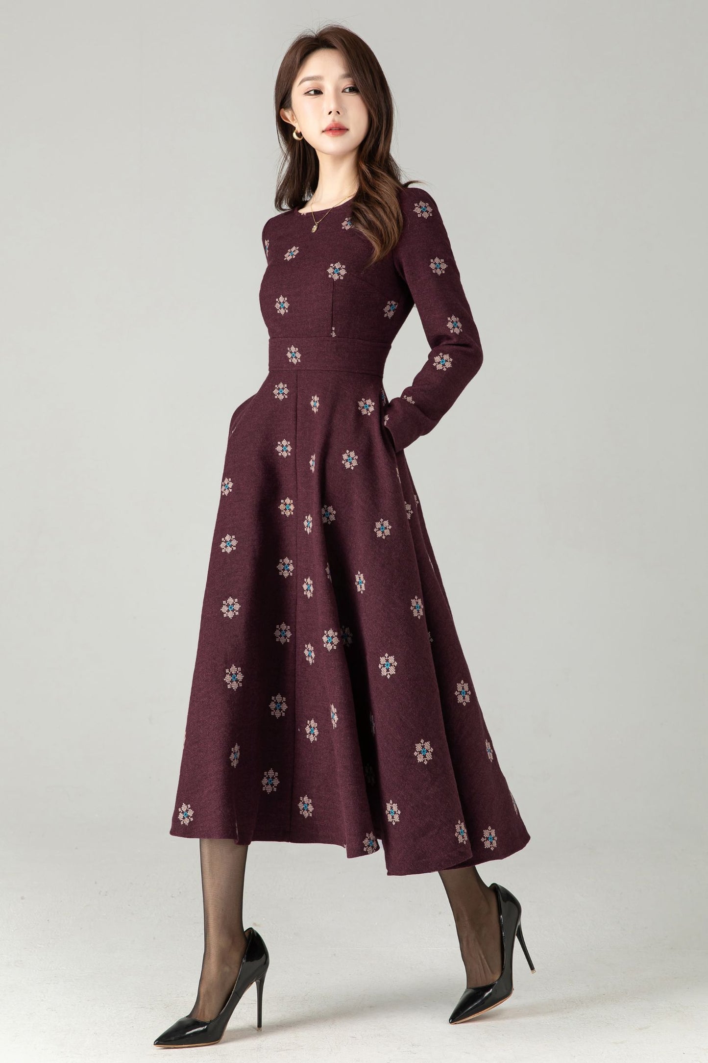 Burgundy Embroidered Wool Midi Dress – Fit & Flare Winter Swing Dress | Xiaolizi 6569