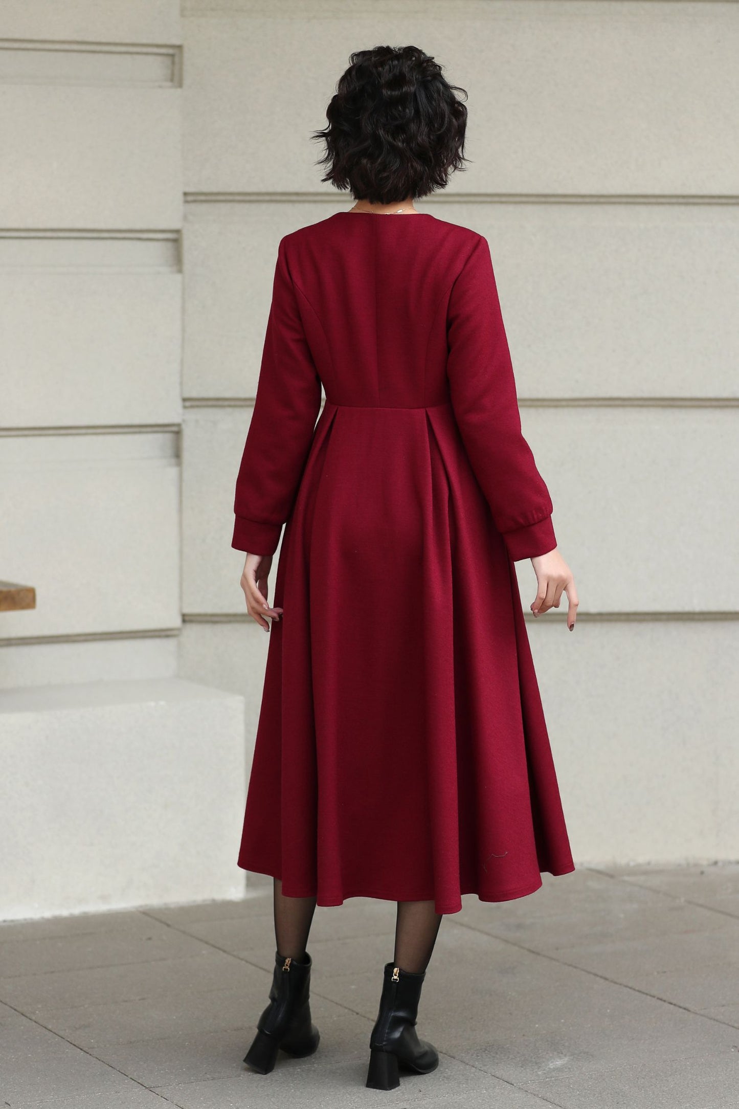 Handmade Vintage Wool Dress – Burgundy Fit and Flare Midi Dress for Winter 6612