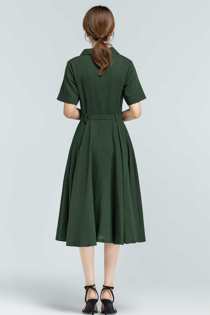 Green Linen-Cotton Midi Shirt Dress - Belted Vintage Swing 5764