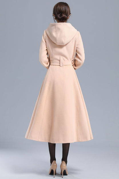Handmade Wool Hooded Coat – Lantern Sleeve Belted Winter Long Overcoat | Xiaolizi 3210