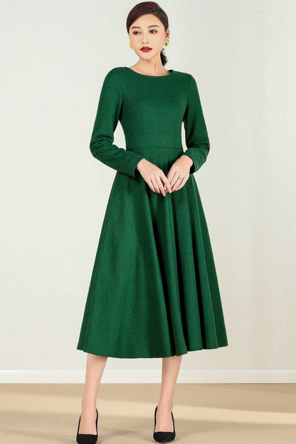 Handmade Emerald Green Wool Midi Dress – Long Sleeve Fit and Flare | Xiaolizi 2436