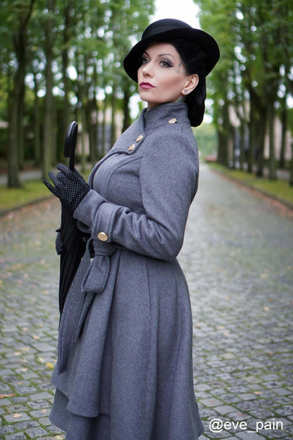 Grey Wool Coat - Tiered Hem, Self Tie Waist 2408