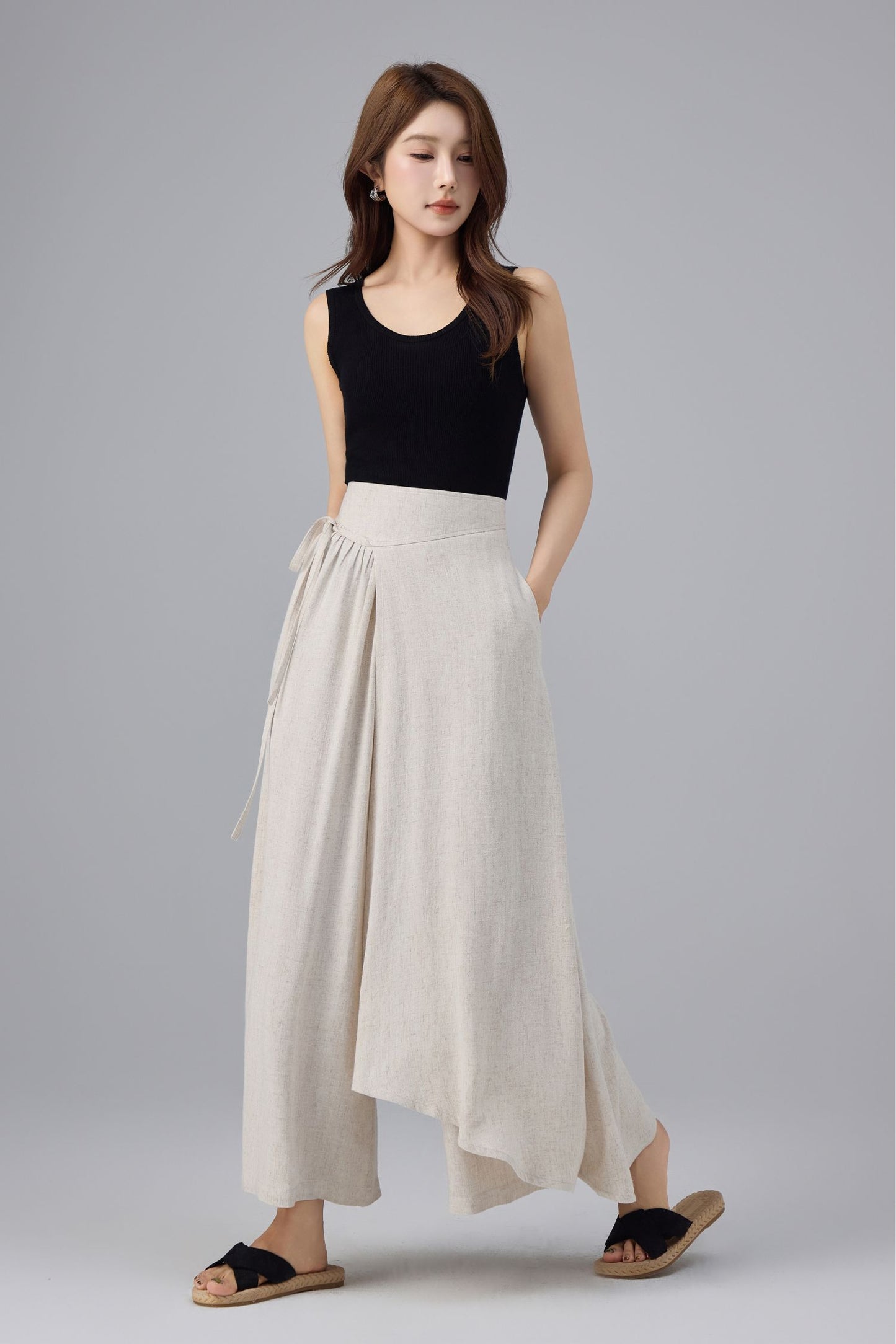 Beige Linen Cotton Wrap Pant - Wide Leg, Tie Belt Design | Xiaolizi 6763