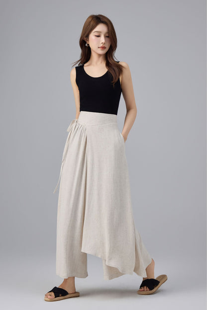 Beige Linen Cotton Wrap Pant - Wide Leg, Tie Belt Design | Xiaolizi 6763