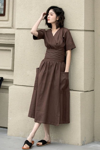 Fit and flare brown midi linen dress 4957