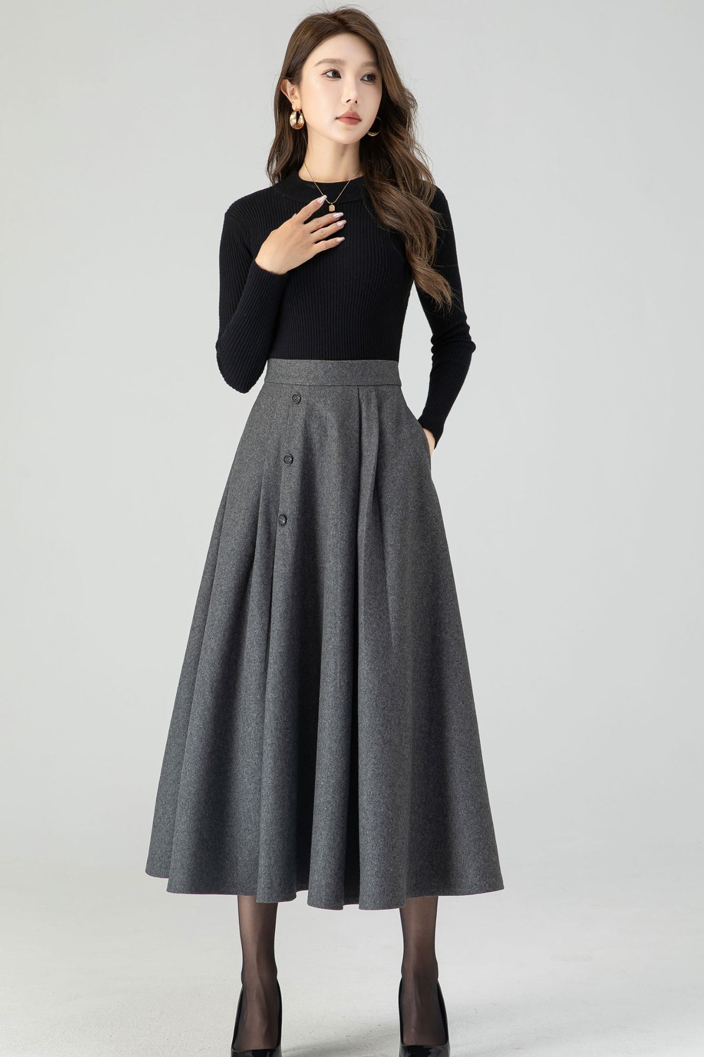 Button down midi winter wool skirt 4557