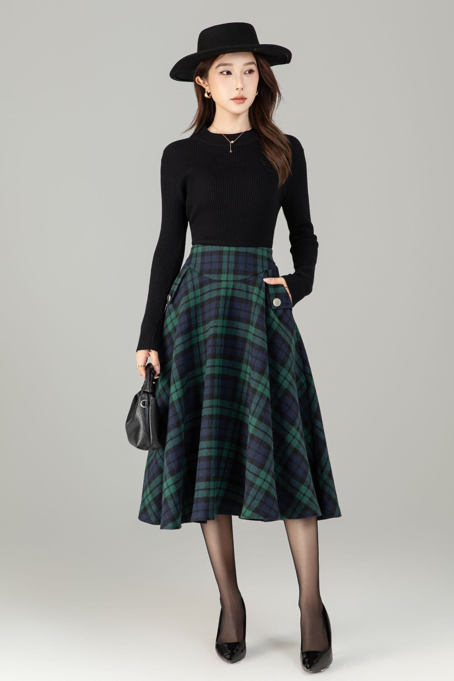 Xiaolizi Plaid Wool-Blend Pleated A-Line Midi Skirt – Plus-Size Winter 6502