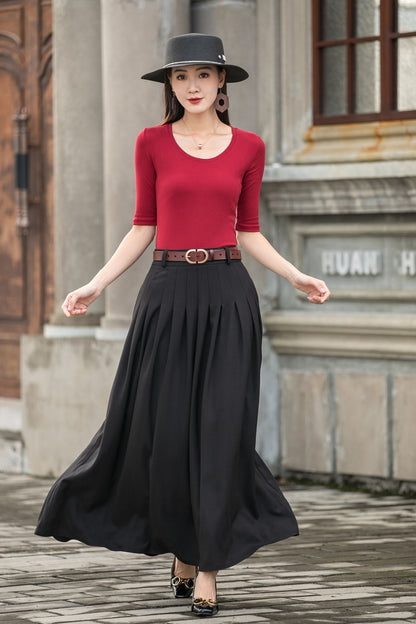 Women Black Pleated Linen Maxi Skirt with Pockets  2777