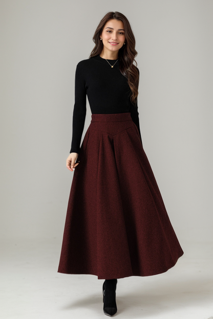 Burgundy Wool Maxi Skirt – Vintage High Waist A-Line Winter Skirt with Pockets 5227