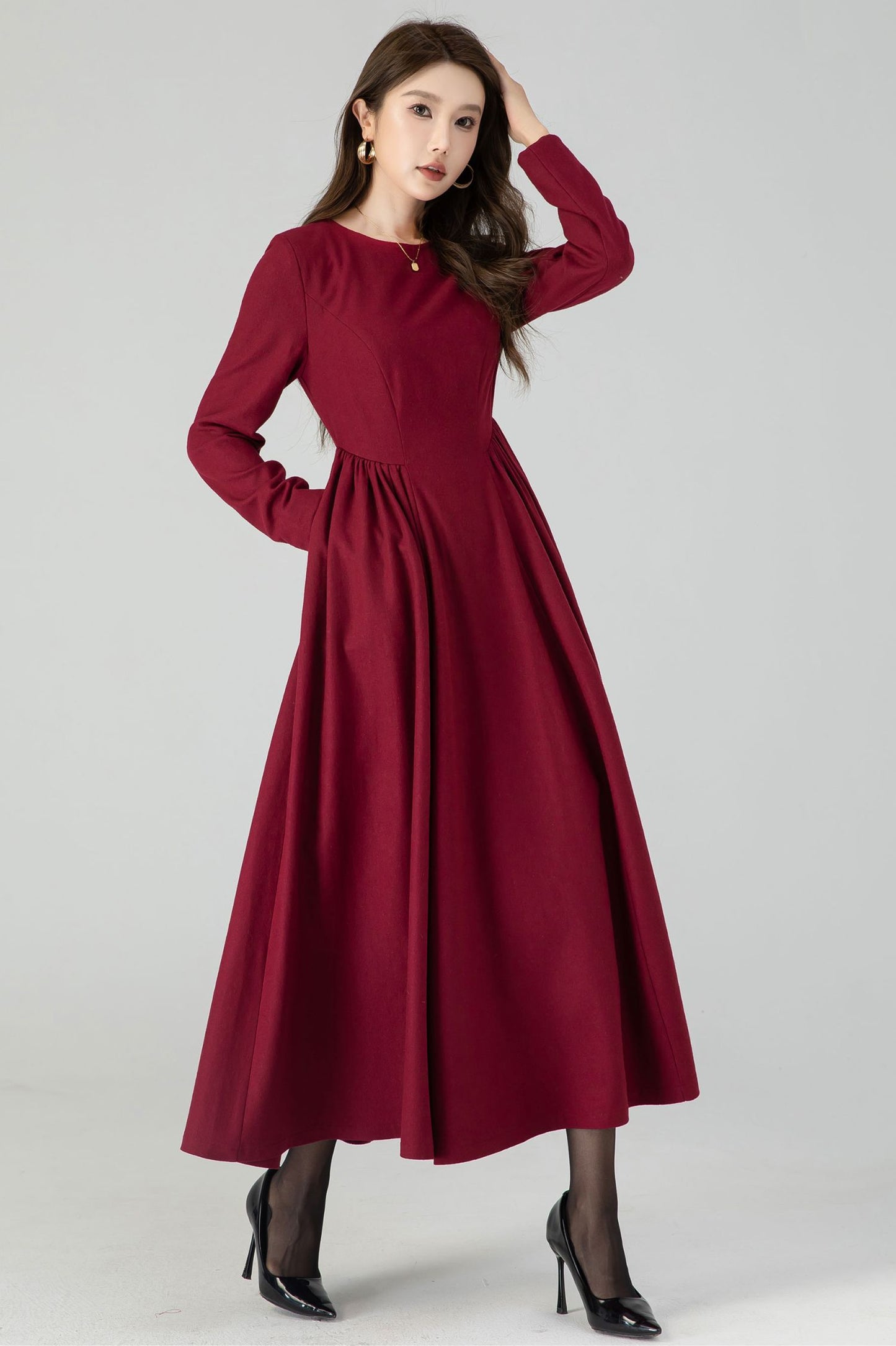 Fit and flare burgundy wool dress women 4545
