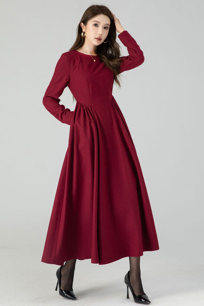 Burgundy Wool Maxi Dress - Fit and Flare Silhouette with Pleated Waist 4545
