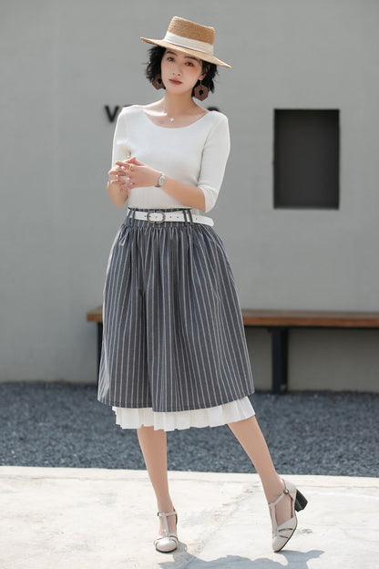 Xiaolizi Striped Linen Midi Skirt – Handmade High Waisted A-Line Summer Skirt 6686