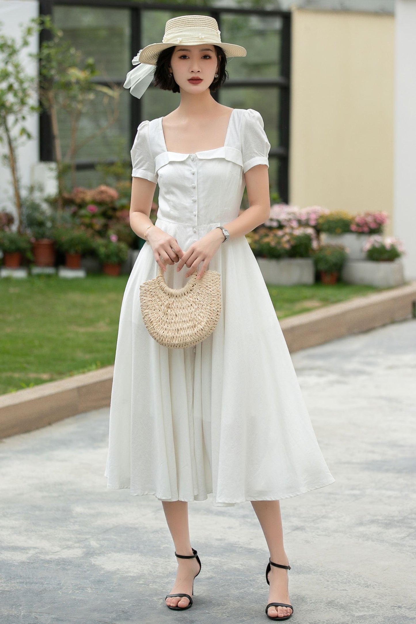White Linen Midi swing Dress 5980