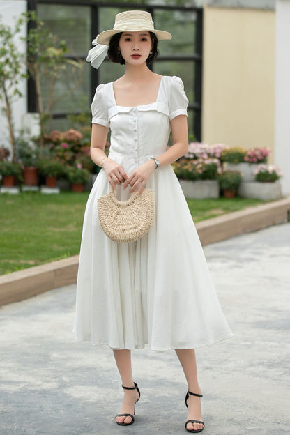 White Linen Midi Swing Dress - Square Neckline with Puff Sleeves 5980