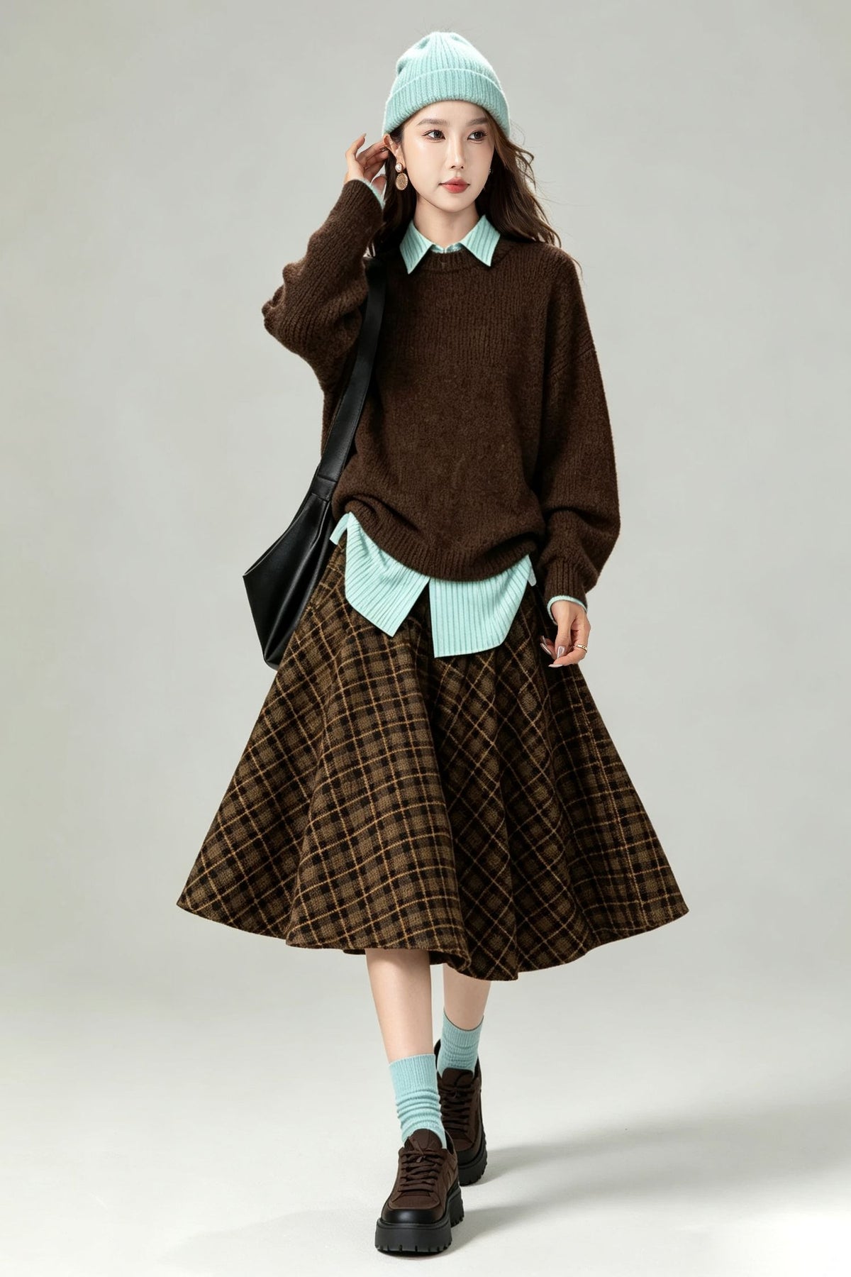 Vintage Brown Plaid Wool Swing Midi Skirt-High Waist Flared Skirt with Pockets 7013