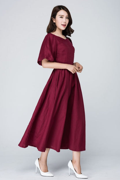 Burgundy midi summer womens linen dress 1573